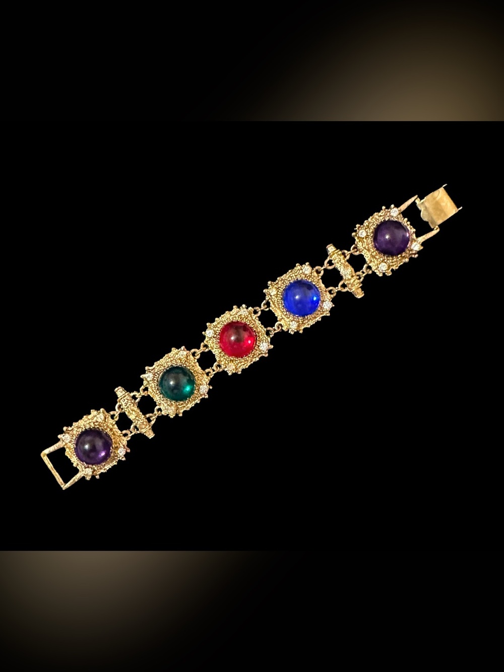 Vintage Gold-Tone Multi Gemstone Cabochon Bracelet - Purple, Blue, Red, Green